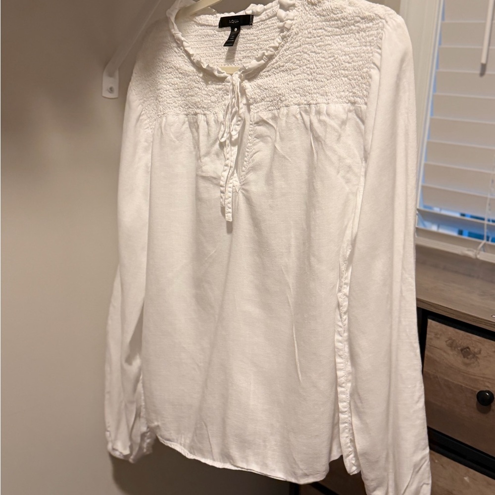 Aqua White Smocked Yoke Tie-Front Long Sleeve Blouse